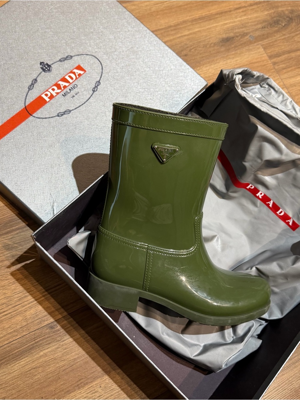Vintage Prada Olive Green Glossy Rubber Mid-Calf Rain Boots - Picture 3 of 5